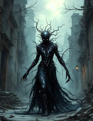 The primary subject of the image is a woman dressed in a black gown, with a long black hair and a spooky appearance. She is walking down a narrow alley, surrounded by a dark and eerie atmosphere. The setting is a city street with a stone wall and a building in the background. The visual style of the image is a digital art or illustration, with a focus on the woman's unique and mysterious appearance. The colors and mood of the image are predominantly dark and moody, with the woman's outfit and the overall scene creating a sense of mystery and intrigue.